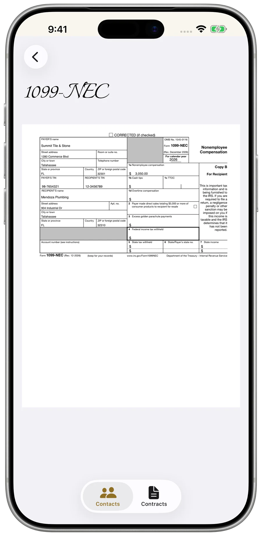 A filled IRS Form 1099-NEC, Copy B, generated in the app
