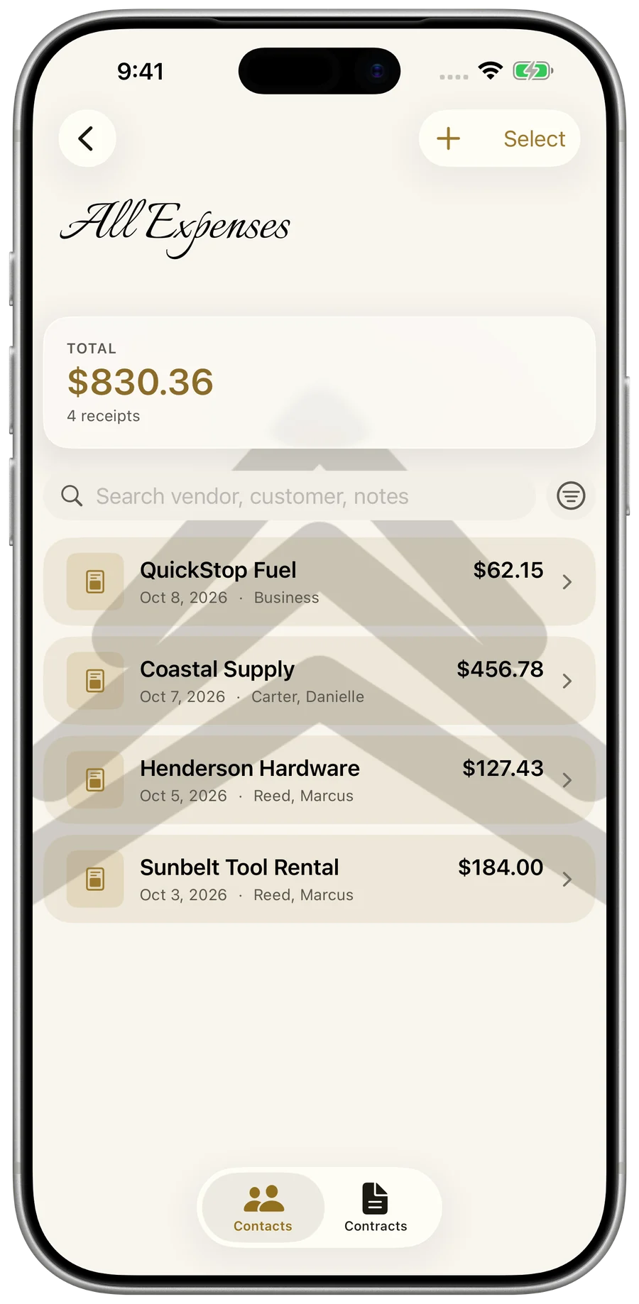 Vendor, date, and total read automatically from a scanned receipt