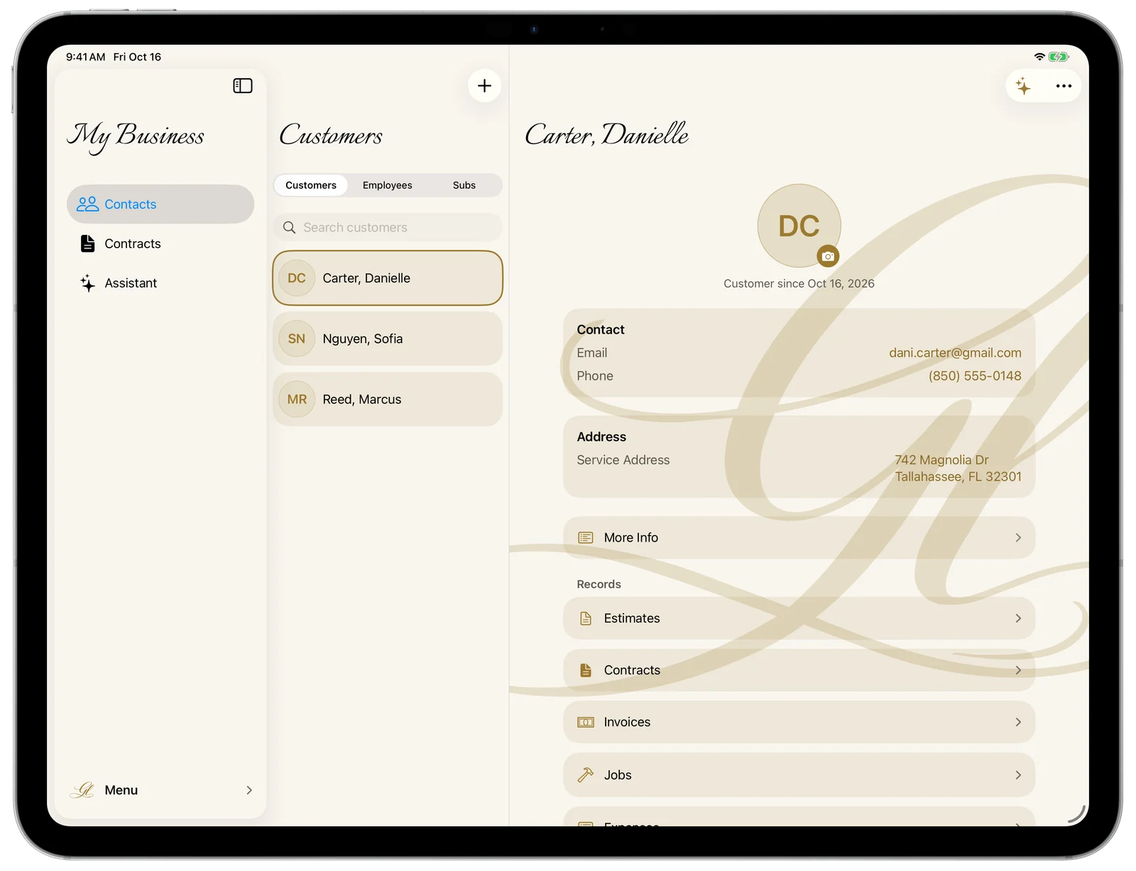 My Business — the three-column customer view on iPad in landscape