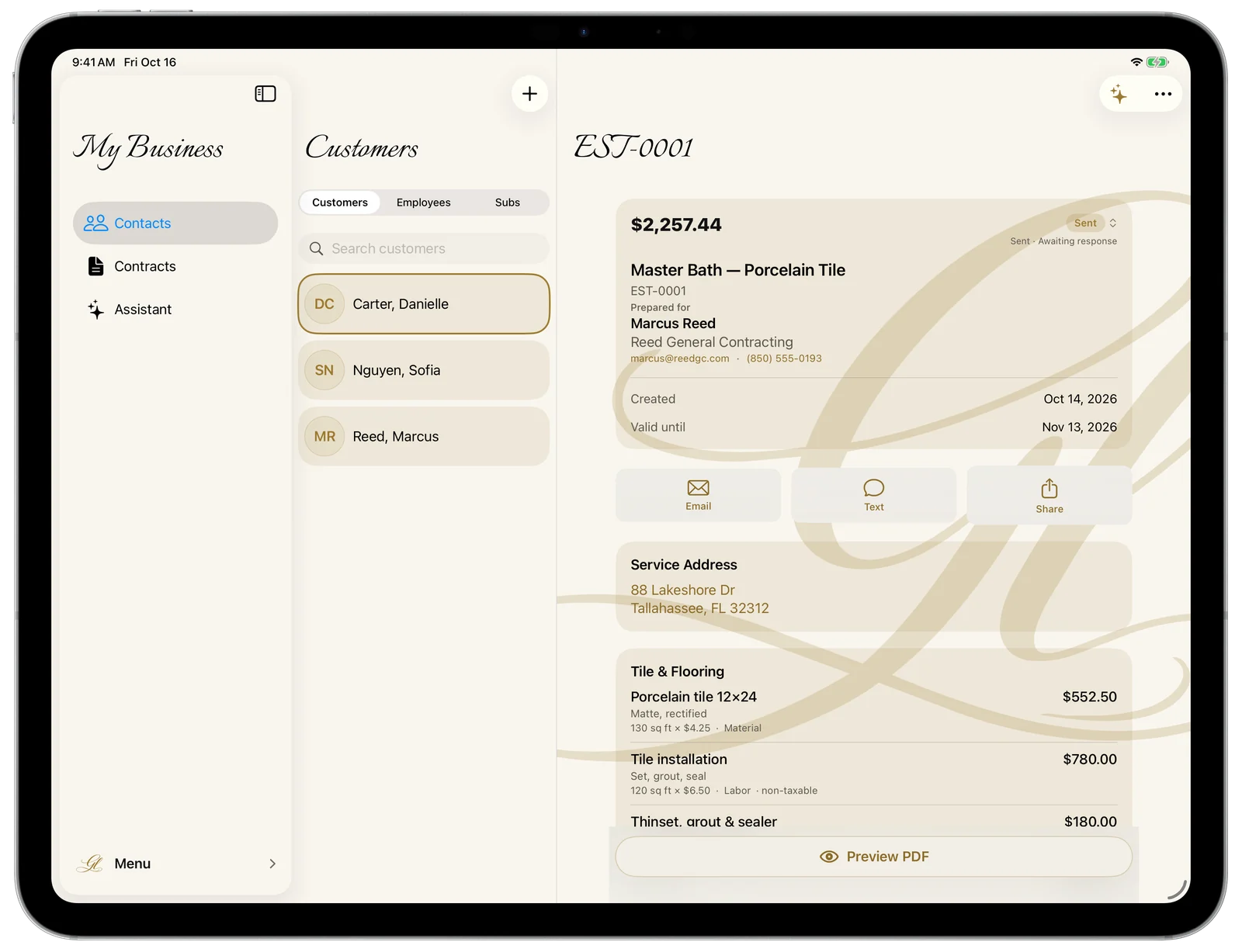 My Business — an estimate in the detail column on iPad