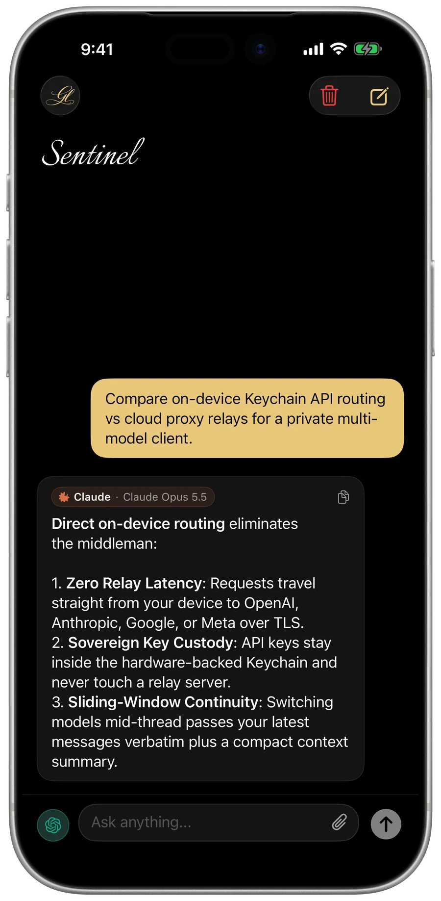 Sentinel chat on iPhone in dark mode