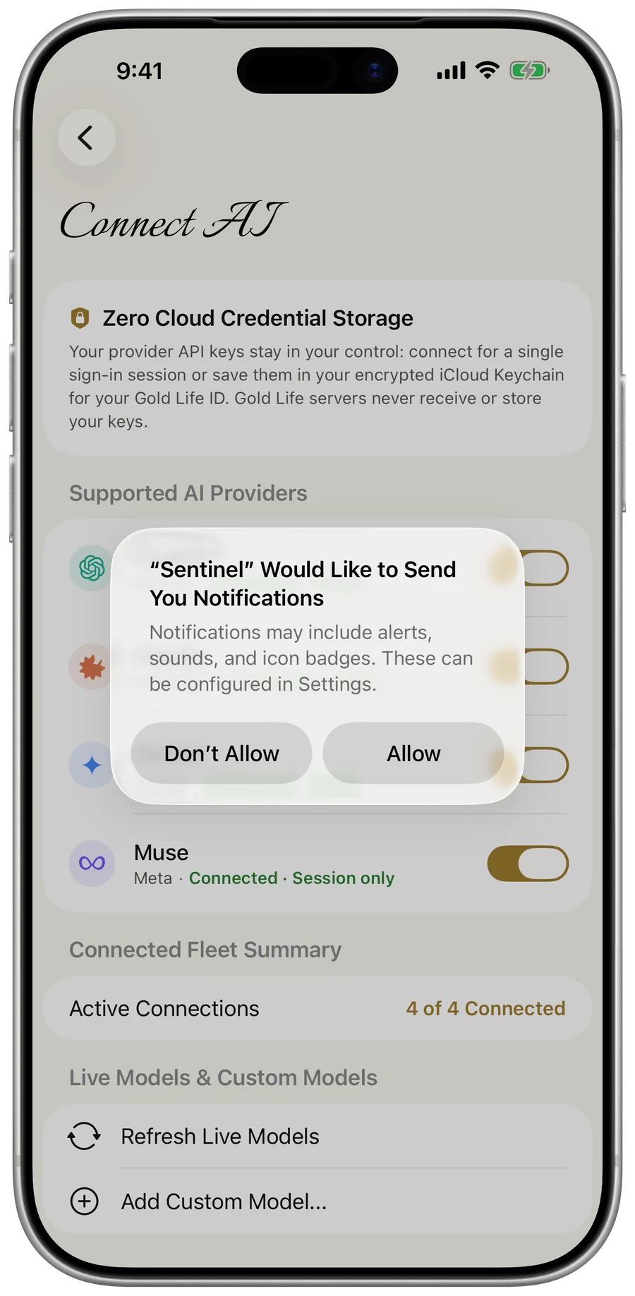 Sentinel — the Connect AI screen listing Apple Intelligence, ChatGPT, Claude, Gemini and Muse