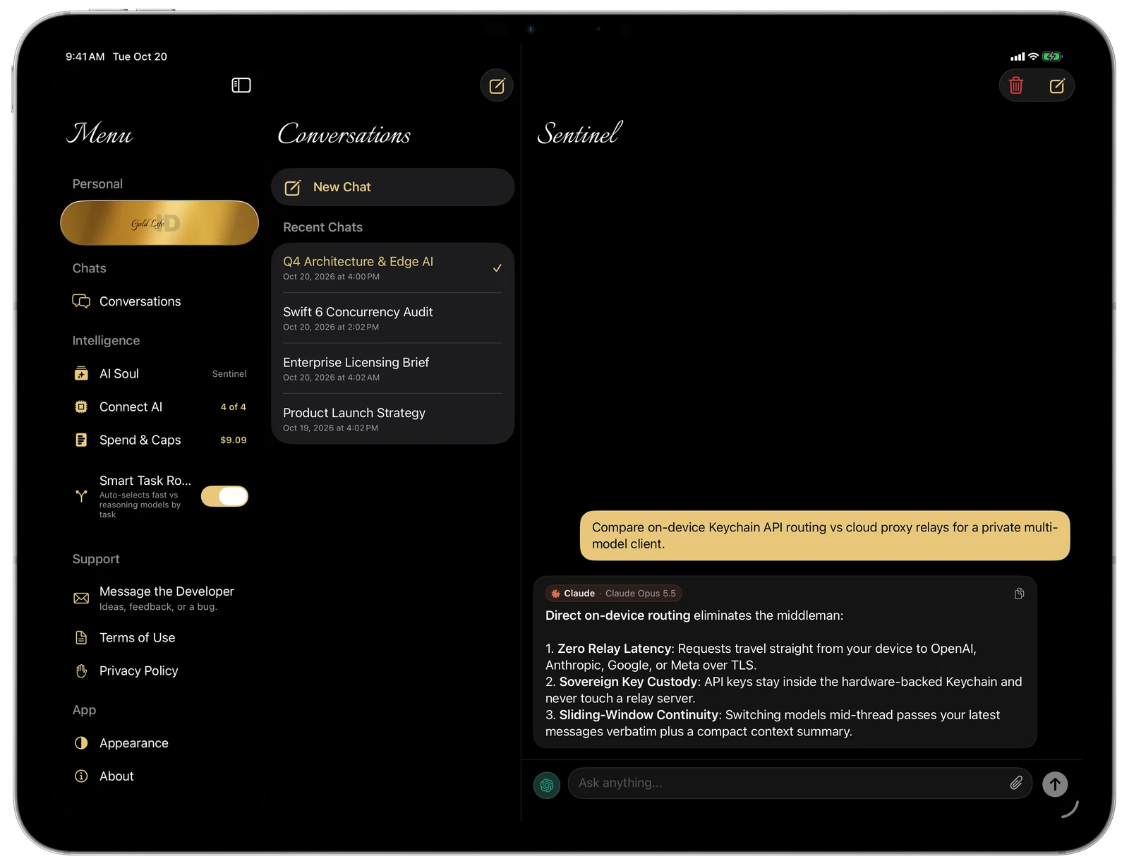 Sentinel 3-column split workspace on iPad in dark mode