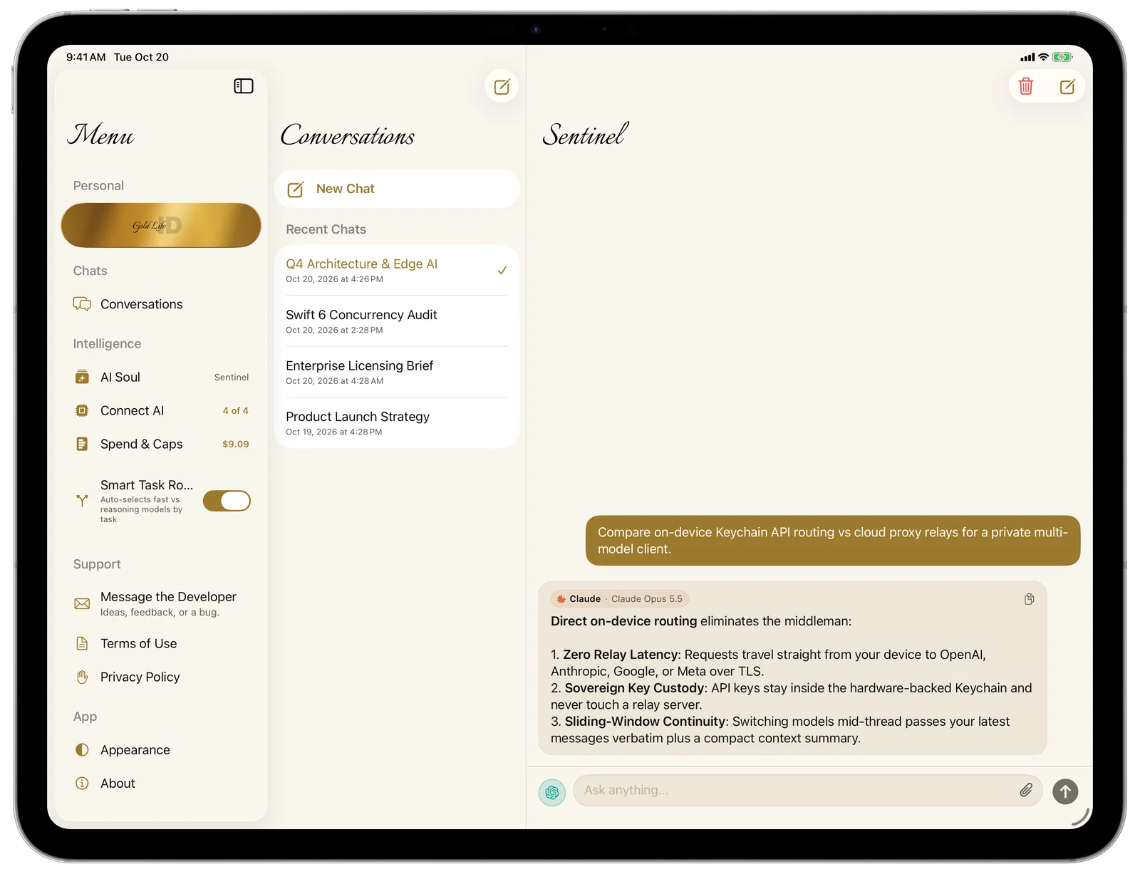 Sentinel on iPad — the Conversations list beside a chat